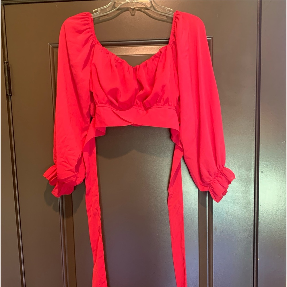 Women Blouse XL Cropped Tied In The Back Hot Pink Light Weight